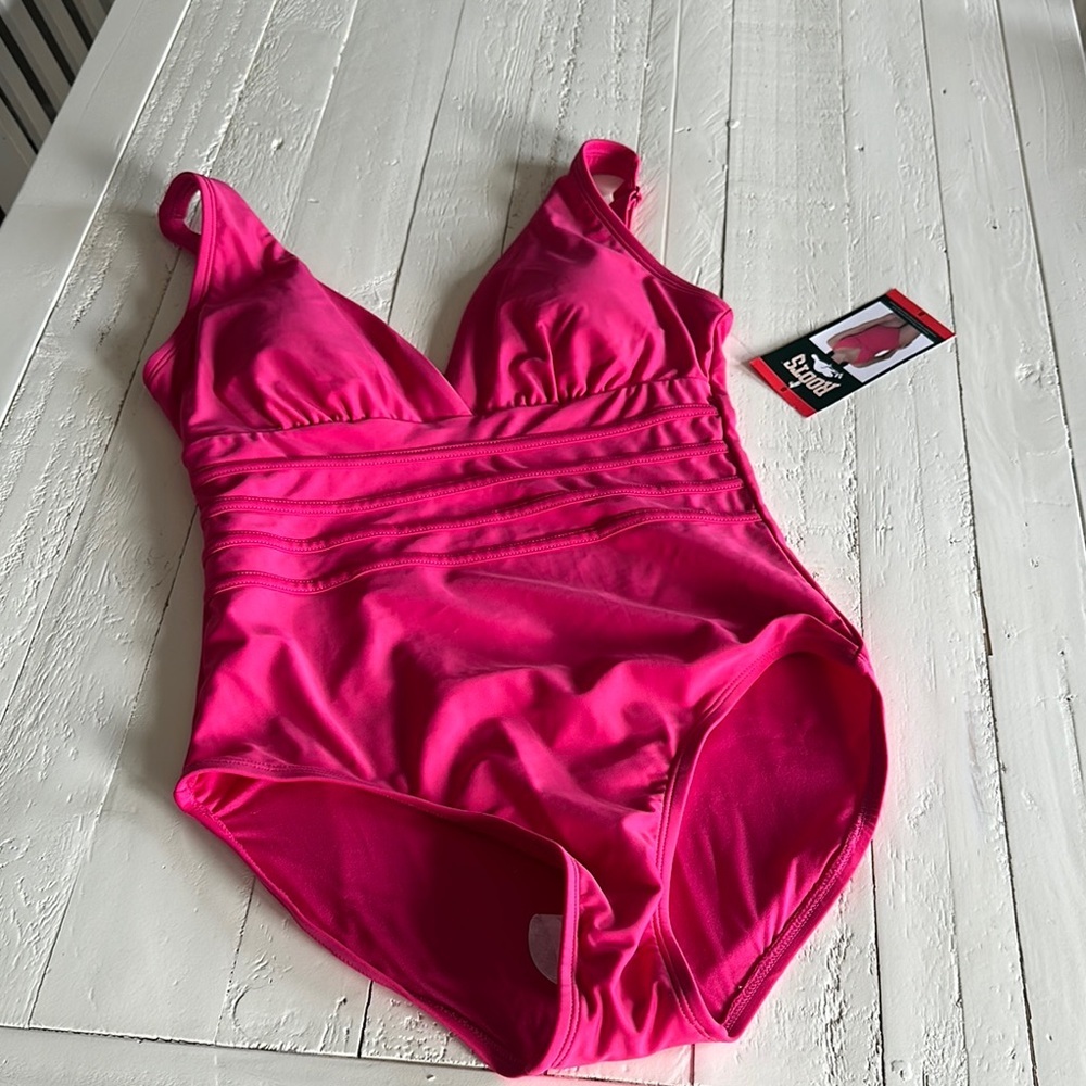 Roots size 8 NWT hot pink, bathing swimsuit, one piece suit the neck with straps